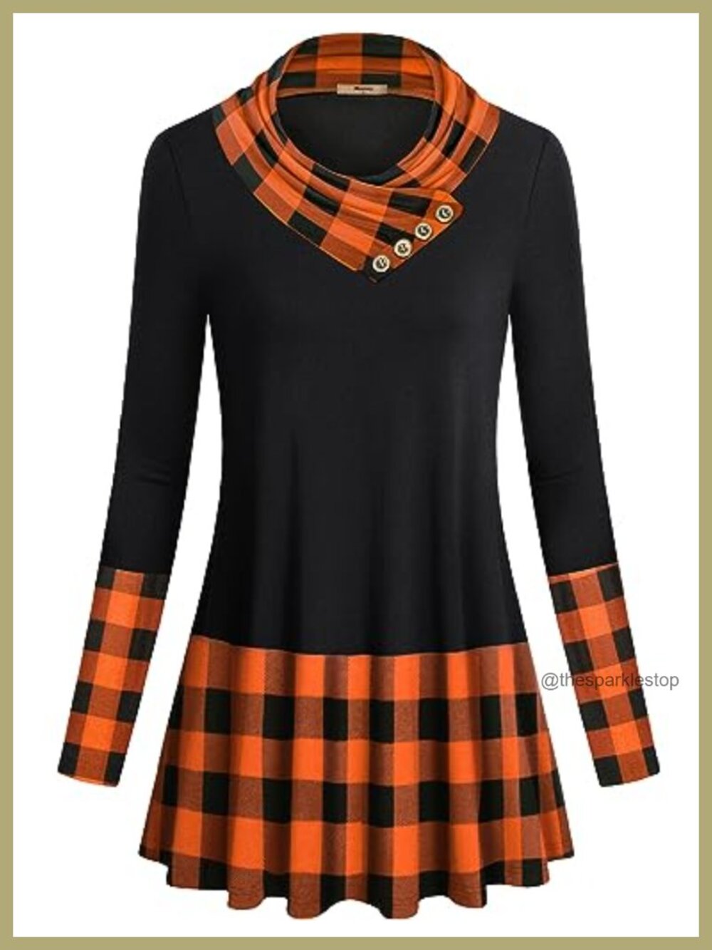Long Sleeve Cowl Neck Tunic Top Plaid Button Detail Fall Winter